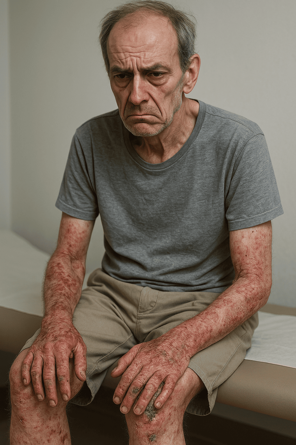 Caso clínico - Psoríase 1 Paciente emagrecido, com faceis de melancolia e irritabilidade. Com lesões espalhadas no corpo.