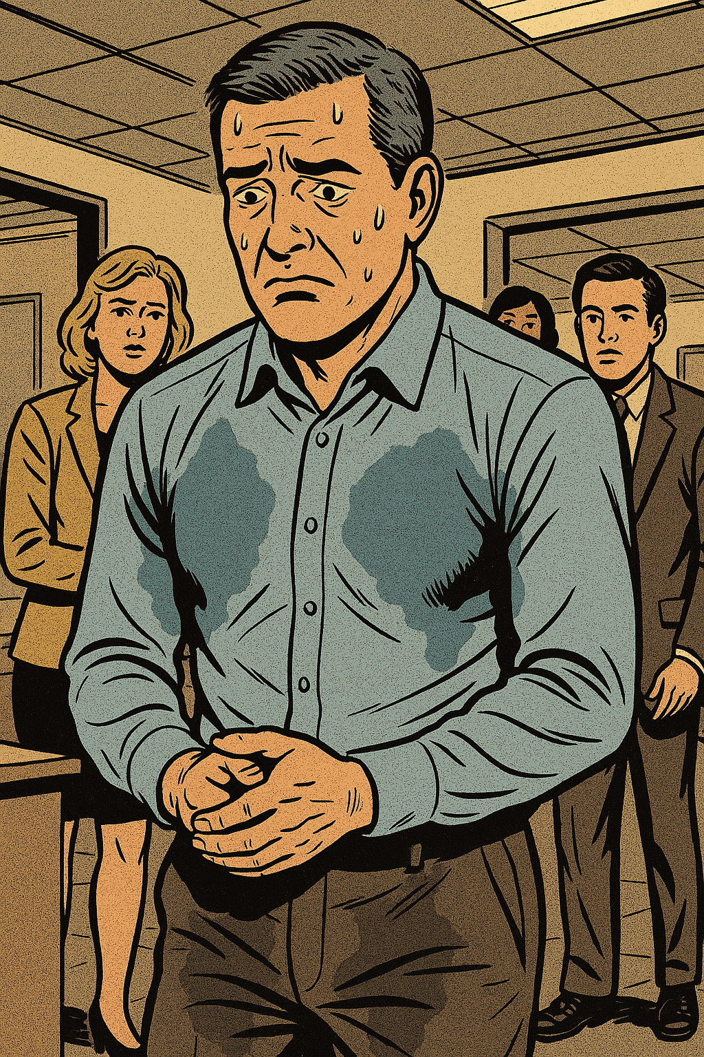 Caso clínico - Hiperidrose Hereditária tratada com cannabis 1 Homem suando excessivamente em local de trabalho